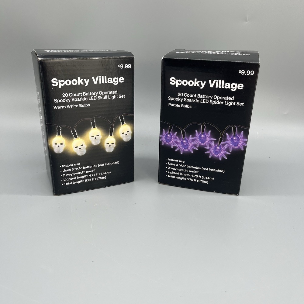 Lot 2 Spooky Village Halloween LED String Lights Skull & Purple Spider 20Ct NEW